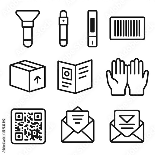Home Lab Test Icons. Outline style icons of Home Lab Testing Kits: saliva tube, lancet device, test strip, barcode label, sample