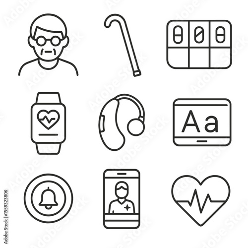 Geriatric Telecare Icons. Outline style icons of Geriatric Telecare: senior avatar, walking cane, pill organizer, vitals bracelet,