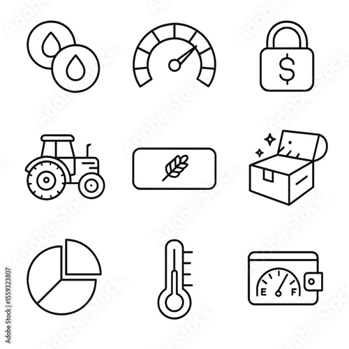 DeFi Farming Icons. Outline style icons of DeFi Yield Farming Tools: liquidity tokens, APY percentage gauge, staking lock, farming