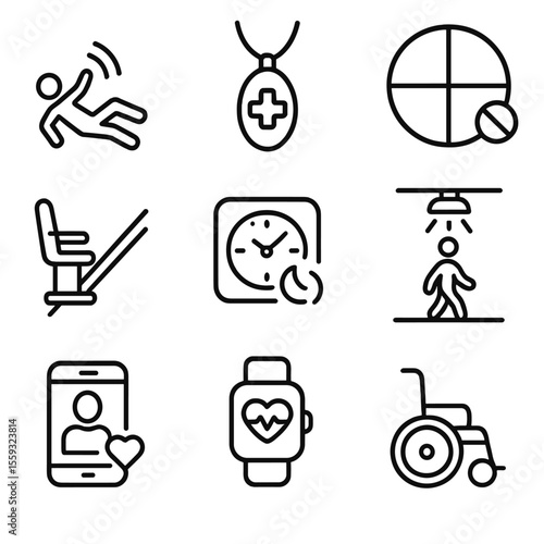 Elder Care Tech Icons. Outline style icons of Elderly Assist Home Tech: fall detector, emergency pendant, medication dispenser,