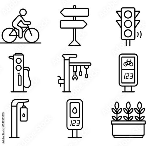 E-Bike Infrastructure Icons. Outline style icons of Public E-Bike Infrastructure: protected bike lane, curb separator, wayfinding
