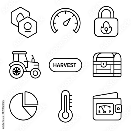 DeFi Farming Icons. Outline style icons of DeFi Yield Farming Tools: liquidity tokens, APY percentage gauge, staking lock, farming