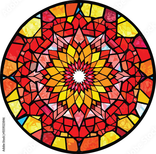 Colorful stained glass window design featuring a vibrant flower pattern within a circular frame.