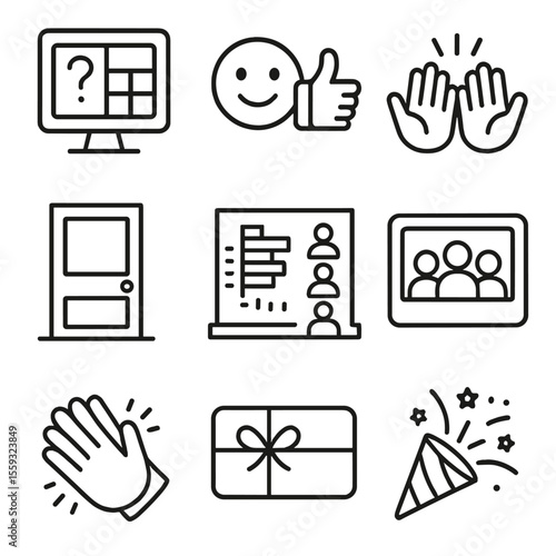 Remote Team-Building Icons. Outline style icons of Remote Team-Building Activities: virtual quiz board, emoji reaction, digital