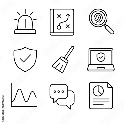 Incident Response Icons. Outline style icons of Incident Response Process: security alert siren, playbook binder, forensic
