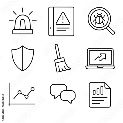 Incident Response Icons. Outline style icons of Incident Response Process: security alert siren, playbook binder, forensic