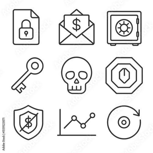 Ransomware Defense Icons. Outline style icons of Ransomware Defense Strategy: encrypted file lock, ransom note envelope, backup