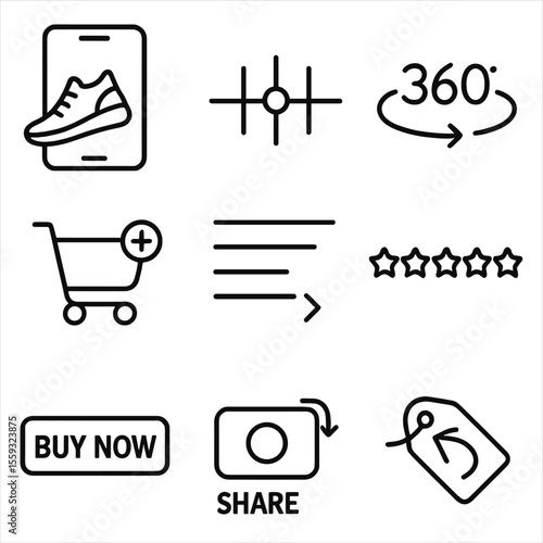 AR Shopping Icons. Outline style icons of AR Shopping Try-On: virtual shoe overlay, size selector slider, 360 rotate arrow, add to