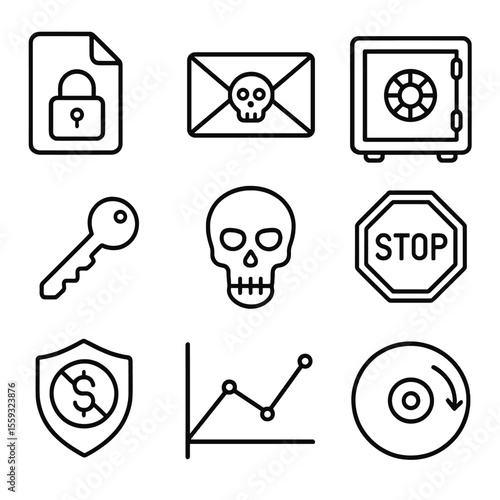 Ransomware Defense Icons. Outline style icons of Ransomware Defense Strategy: encrypted file lock, ransom note envelope, backup