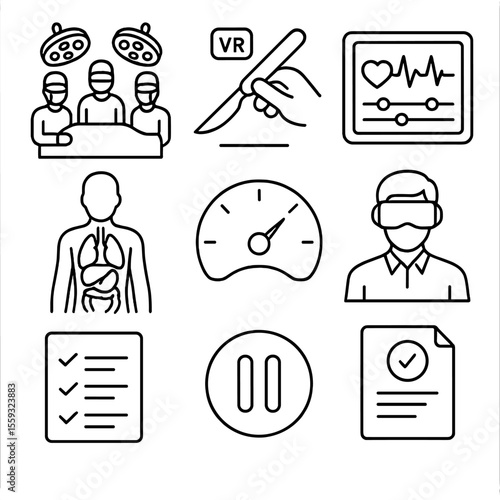 VR Medical Training Icons. Outline style icons of VR Medical Training: operating room scene, virtual scalpel, vitals monitor HUD,