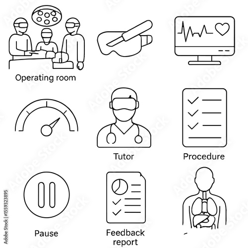 VR Medical Training Icons. Outline style icons of VR Medical Training: operating room scene, virtual scalpel, vitals monitor HUD,