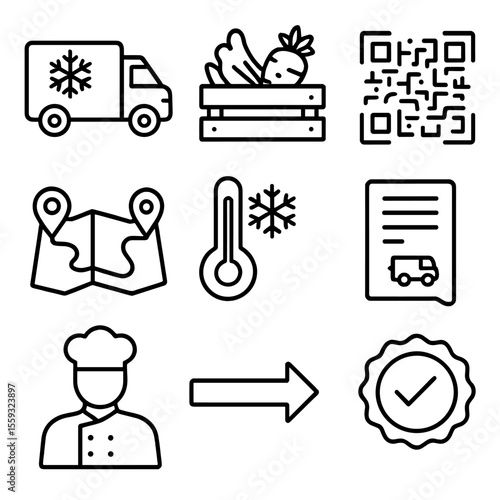 Farm-to-Table Icons. Outline style icons of Farm-to-Table Logistics: refrigerated van, harvest crate, QR trace code, route planner