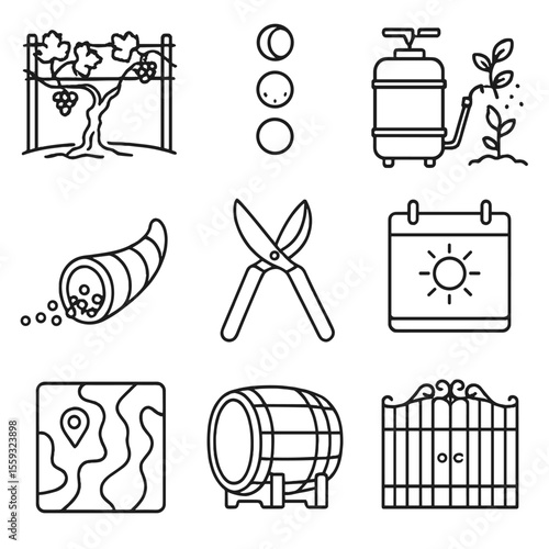 Biodynamic Vineyard Icons. Outline style icons of Biodynamic Vineyard: grapevine row, moon phase chart, herbal spray barrel,