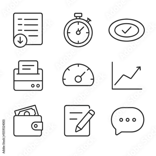 Restaurant Management Icons. Outline style icons of Restaurant Partner Dashboard: incoming orders list, prepare timer, dish status