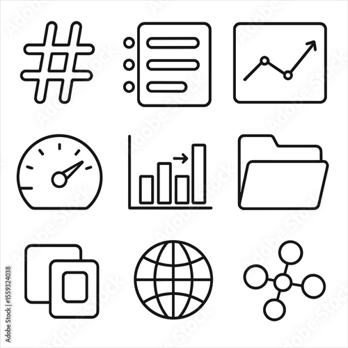 Hashtag Strategy Icons. Outline style icons of Hashtag Research Strategy: hashtag icon, keyword list, trend graph, volume meter,