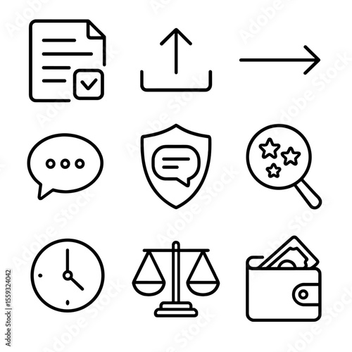 Transaction Icons Set. Outline style icons of Transaction Dispute Resolution: dispute form, evidence upload icon, timeline arrow,