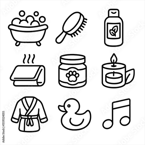 Pet Spa Icons. Outline style icons of Pet Spa Day: bubble bath tub, massage brush, oatmeal shampoo, warm towel, paw balm jar,