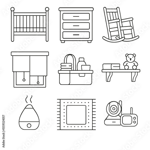 Nursery Setup Icons. Outline style icons of Nursery Setup: crib frame, changing dresser, rocking chair, blackout shades, diaper
