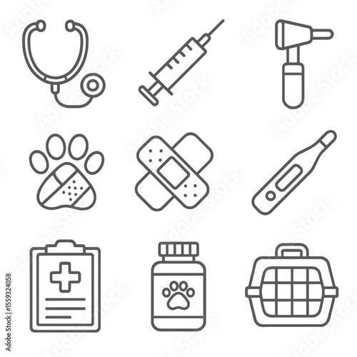 Vet Checkup Kit Icons. Outline style icons of Vet Checkup Kit: stethoscope, vaccination syringe, paw bandage, otoscope,