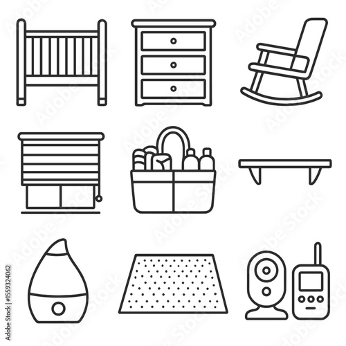 Nursery Setup Icons. Outline style icons of Nursery Setup: crib frame, changing dresser, rocking chair, blackout shades, diaper
