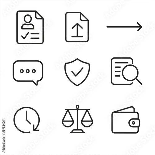 Transaction Icons Set. Outline style icons of Transaction Dispute Resolution: dispute form, evidence upload icon, timeline arrow,