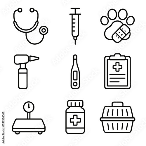 Vet Checkup Kit Icons. Outline style icons of Vet Checkup Kit: stethoscope, vaccination syringe, paw bandage, otoscope,