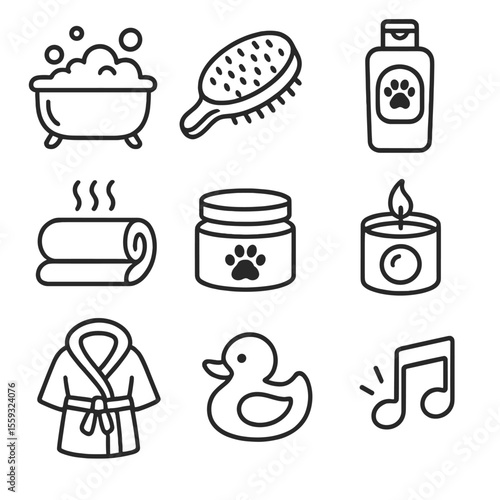 Pet Spa Icons. Outline style icons of Pet Spa Day: bubble bath tub, massage brush, oatmeal shampoo, warm towel, paw balm jar,