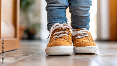 Close-Up Shot Of Child's Feet Wearing Yellow Sneakers and Blue Jeans on Tiled Floor