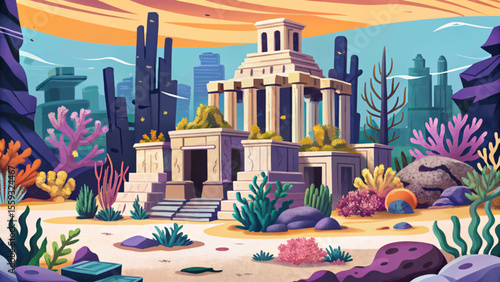 underwater ruins from an ancient civilization cartoon vector, featuring stone structures, pillars, marine life, and mysterious ambiance beneath the ocean surface