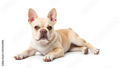 French Bulldog lying down and relaxing on a white background  