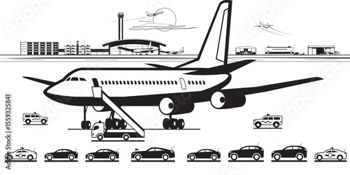 Official car escort with airplane at airport – vector illustration