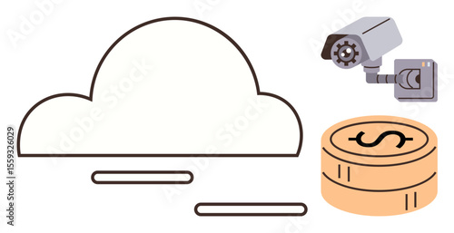 Cloud with floating lines, surveillance camera, and stacked coins emphasizing financial safety, technology, and data privacy. Ideal for security strategies, cloud computing, fintech, data storage