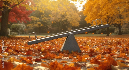 Autumn seesaw in park with fallen leaves