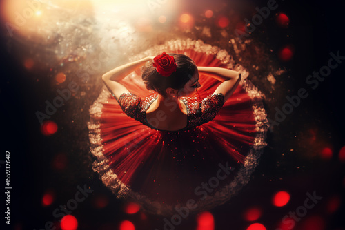 Aerial view of a ballerina in a red tutu spinning on stage.