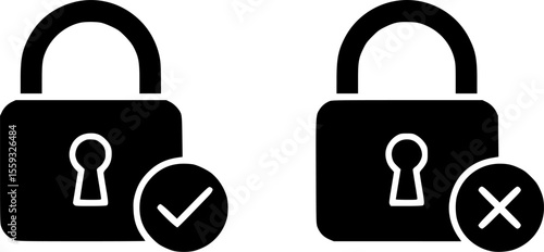 Lock icons with keyhole checkmark and cross unlocked. Symbol of private and security in line style. Vector stock illustration
