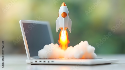Rocket launching from laptop screen, startup success, blurred background