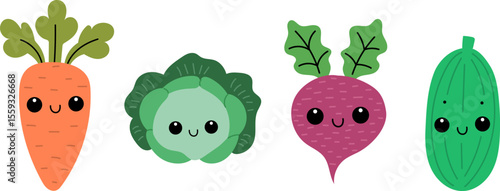 Set of cute vegetables in kawaii style. Smiling veggies set.