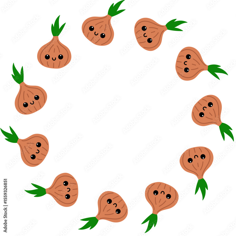 Obraz premium Onion round frame. Cute vegetable with smiling face. Kawaii onion.