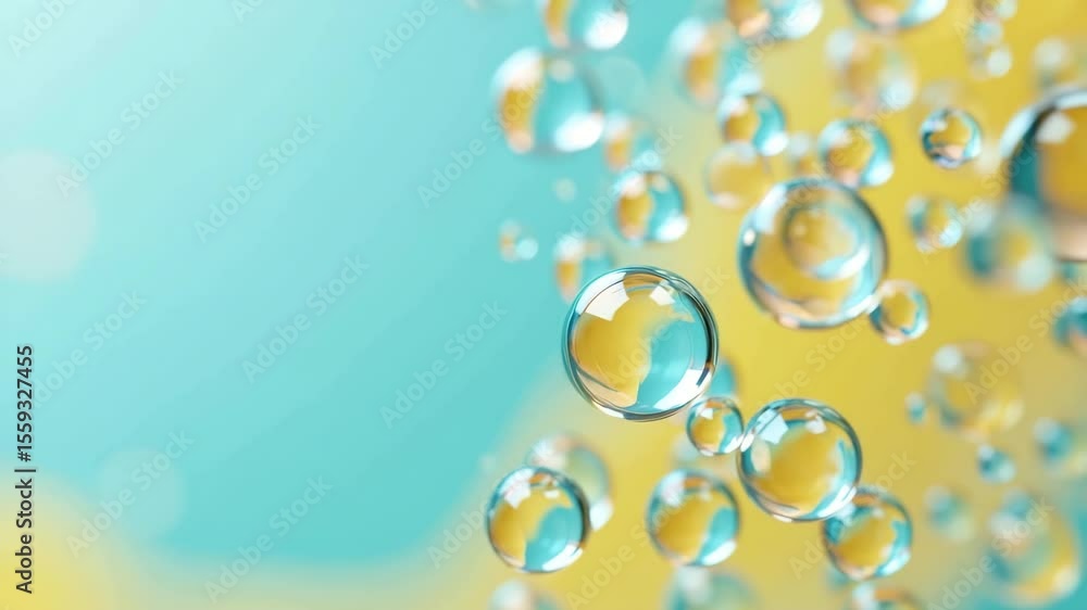 Transparent water droplets, abstract blue yellow background, hydration moisture concept, cosmetic serum texture, fresh liquid bubbles, clean purity design, skincare innovation Transparent water droplets, abstract blue yellow background, hydration moisture concept, cosmetic serum texture, fresh liquid bubbles, clean purity design, skincare innovation