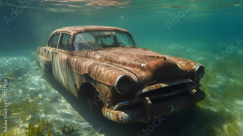 A submerged rusty classic car resting underwater in tropical waters sunlight