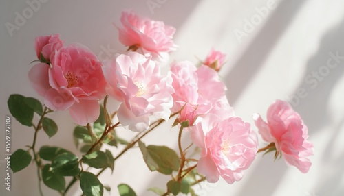 Delicate pink roses basking in warm sunlight, showcasing their soft petals and creating a serene, uplifting atmosphere.