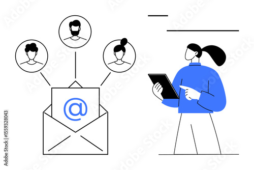 Envelope with at-sign and human profiles representing email networking. Woman points at tablet, symbolizing digital communication, teamwork, audience outreach. Ideal for innovation, strategy