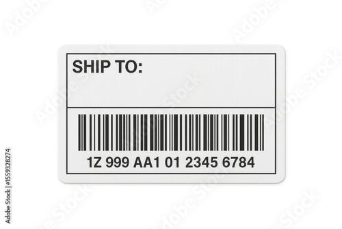 Shipping label with barcode and tracking number on transparent background