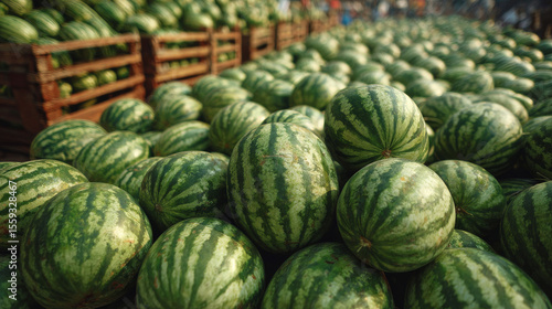 A large quantity of sweet green watermelons arranged for sale.