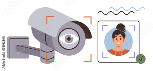 Monitoring camera scanning for facial recognition with user verification. Ideal for technology, privacy, security, surveillance, AI systems, identity verification, digital authentication. Simple flat