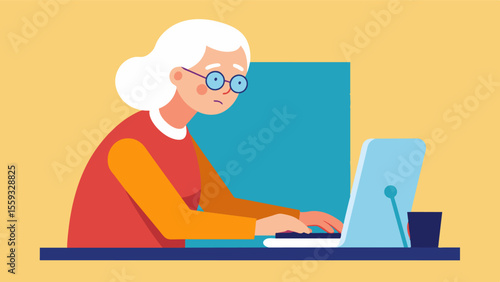 An elderly person is using a computer their fingers dancing across the keyboard as they craft a short story. They have taken up writing later in life and find the technology to be. Vector illustration