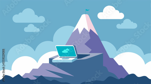 Nature and technology meet as the laptop sits on a desolate mountain peak shrouded in mist and clouds.. Vector illustration