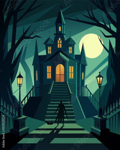In the old haunted mansion the gaslight shadows danced and flickered on the walls creating a haunting atmosphere.. Vector illustration
