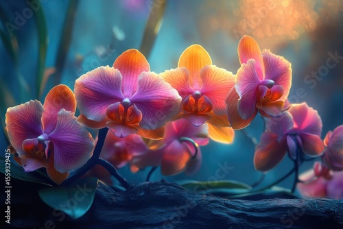 Close-up of vibrant pink and orange orchids with a dreamy, soft-focus background, highlighting their delicate beauty.