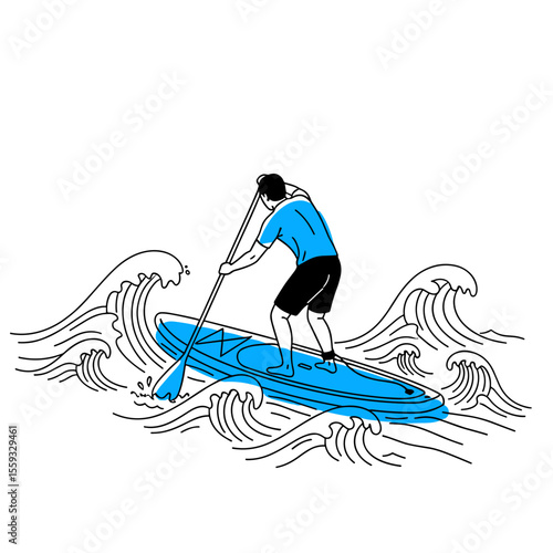 Man paddle boarding on blue board in ocean waves.  Paddle boarder enjoys active lifestyle on water.  Person on stand up paddleboard during water sport activity.